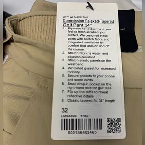 Lululemon Commission Golf Pants | 32x34 Tapered Khaki Tan | NWT Relaxed Fit